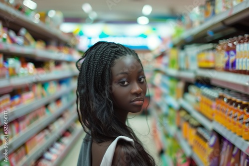 Portrait of a сute African woman shopping in a supermarket. Retail customer concept