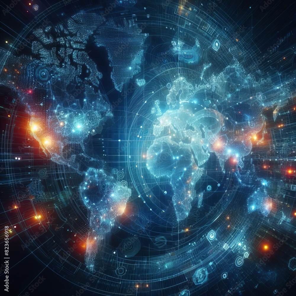 Obraz premium Abstract digital world map, concept of global network and connectivity, data transfer and cyber technology, information exchange and telecommunication illustration vector Generative Ai