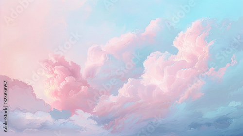 A serene composition of soft pastel pink and light blue oil paint clouds, gently blending like the peaceful sky at dawn.