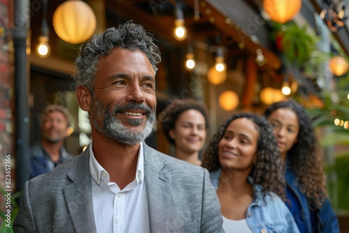 Cheerful mature man looking at camera with his friends in background