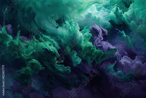 A vivid explosion of emerald green and deep purple oil paint, creating a majestic and regal abstract cloud.