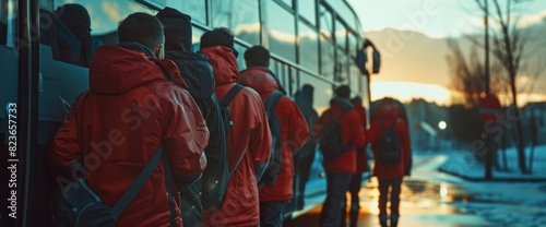 Football Team Boarding A Bus For An Away Game With Copy Space, Football Background