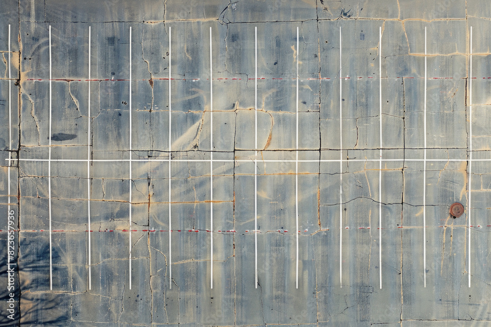 Obraz premium Aerial view of an empty parking lot, focusing on the repetitive patterns of parking spaces and the clean lines created by the painted boundaries. 
