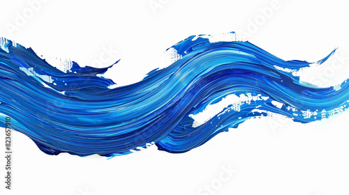 A broad, sweeping stroke of azure blue acrylic paint that undulates across a solid white background, mimicking the waves of a calm sea.