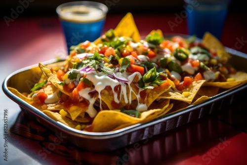 Refined nachos on a plastic tray against a colorful tile background