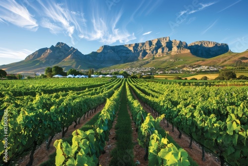 Picturesque vineyards adorn the foothills of majestic mountains, creating a stunning vista photo