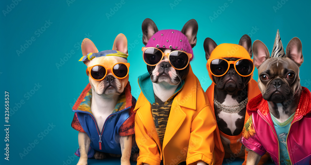 Fototapeta premium Creative animal concept. Group of French bulldog dog puppy in funky Wacky wild mismatch colourful outfits on bright background advertisement, copy space. birthday party invite invitation banner