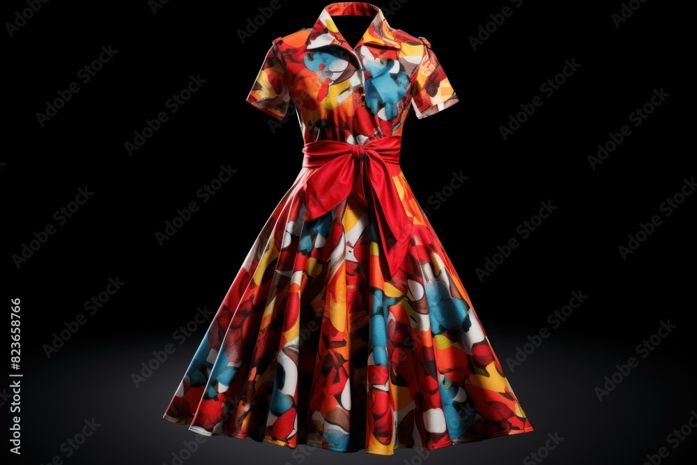 Obraz premium Elegant retro dress with bright pattern isolated on a dark backdrop
