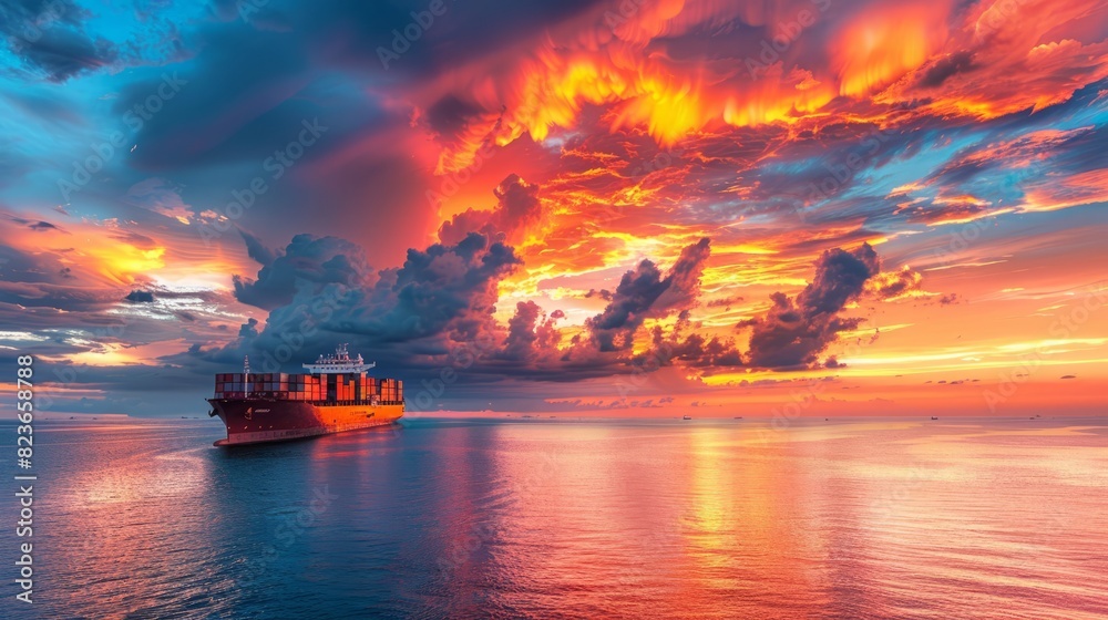 Ocean sunset with large ship and colorful cloud formations. Ocean sunset with large ship and colorful cloud formations.
