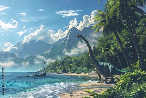 On the summer island  there are dinosaurs by the sea and a tropical. Generative Ai