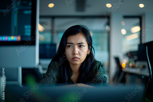 A young woman appears concentrated while working late in an office, with moody lighting photo