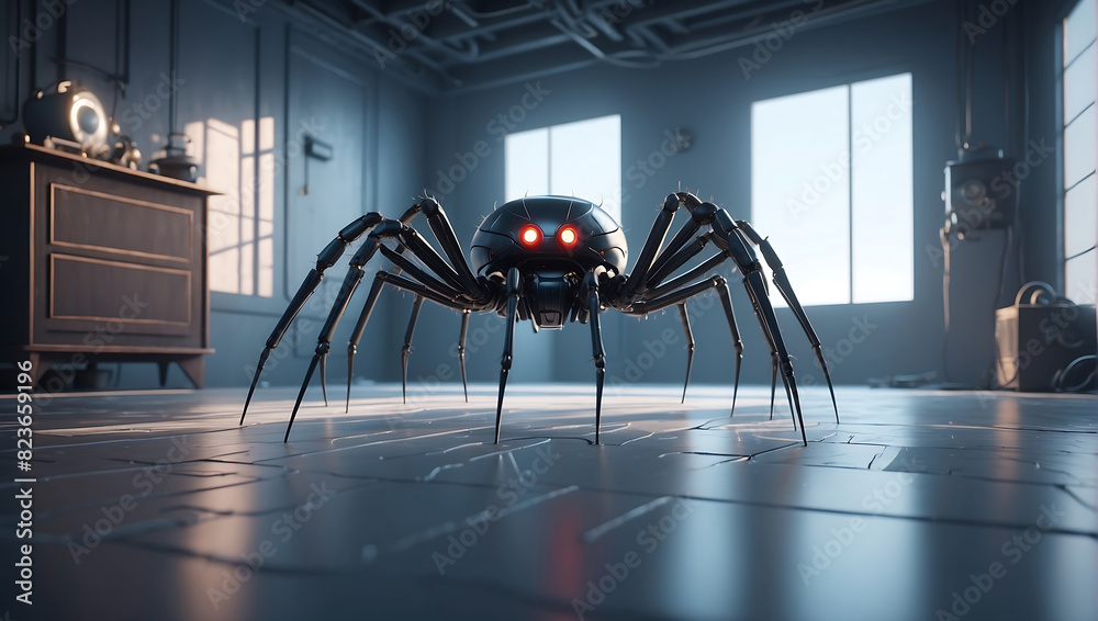A futuristic mechanical spider with a sleek metallic body and glowing blue eyes stands prominently. The spider legs are jointed and detailed, displaying advanced technology