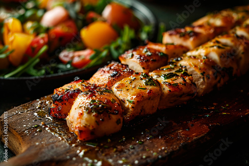 Deliciously grilled chicken skewers seasoned with herbs presented on a wooden cutting board evoke homely culinary delight photo