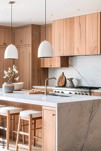 This kitchen blends contemporary design with natural elements, featuring white marble countertops and wooden cabinetry photo