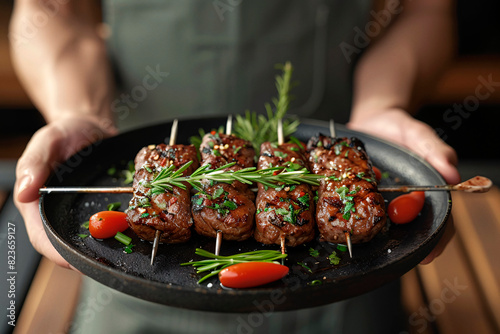 Chef showcasing perfectly cooked beef skewers garnished with fresh herbs and cherry tomatoes for a refined dining experience photo
