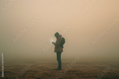 An exploratory scene where a person in a field is shrouded by dense fog, using their smartphone as a guiding light