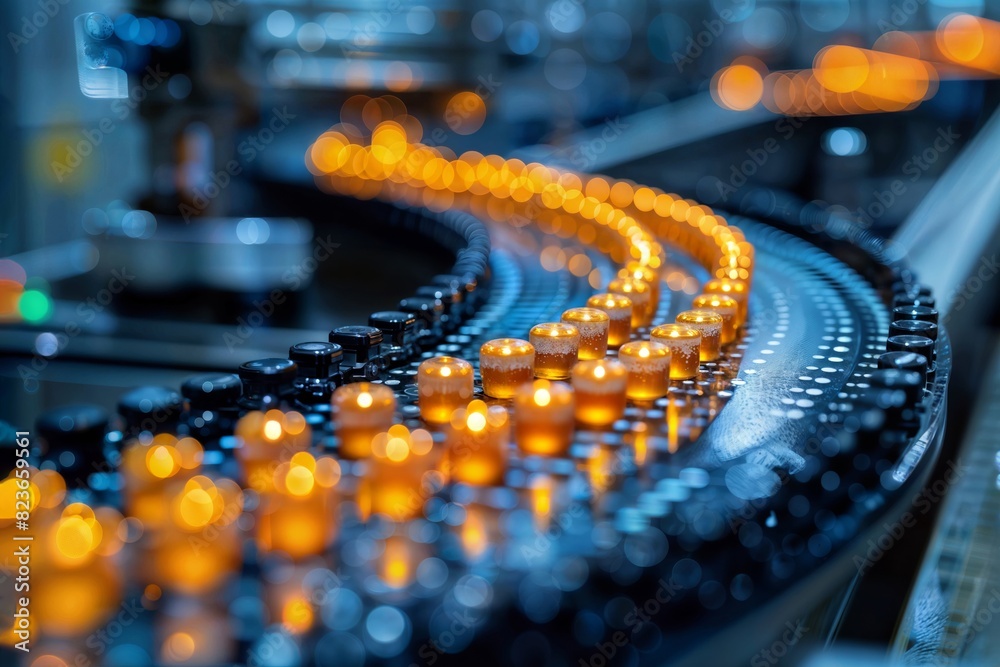 An industrial manufacturing line with a curved conveyor track carries rows of glowing amber glass containers, creating mesmerizing patterns of light and shadow against the blue-tinted backdrop. An industrial manufacturing line with a curved conveyor track carries rows of glowing amber glass containers, creating mesmerizing patterns of light and shadow against the blue-tinted backdrop.