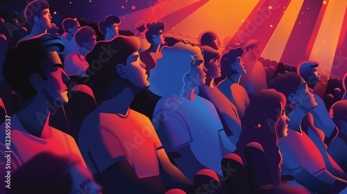 A dynamic illustration of a LGBTQ film festival, with attendees watching screenings and participating in discussions about representation in media