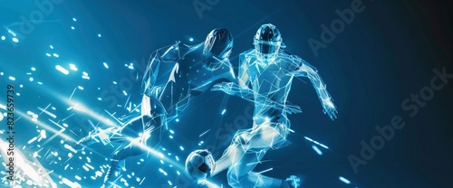 Futuristic Football Players With Holographic Effects In Action With Copy Space, Football Background