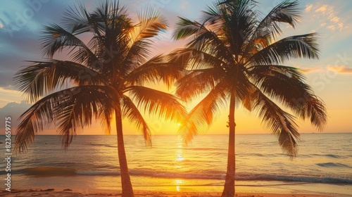 Palm trees swaying by the shore, golden sunset close up, focus on, copy space, warm and exotic hues, Double exposure silhouette with beach scenery