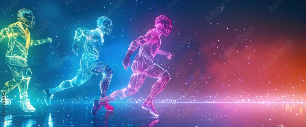 Futuristic Football Players With Neon Patterns In Motion With Copy Space, Football Background Futuristic Football Players With Neon Patterns In Motion With Copy Space, Football Background