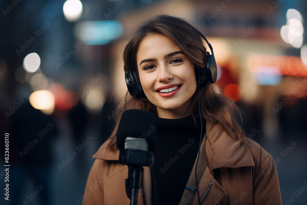 Generative AI illustration Professional reporter journalist in front of camera making live reportage Generative AI illustration Professional reporter journalist in front of camera making live reportage