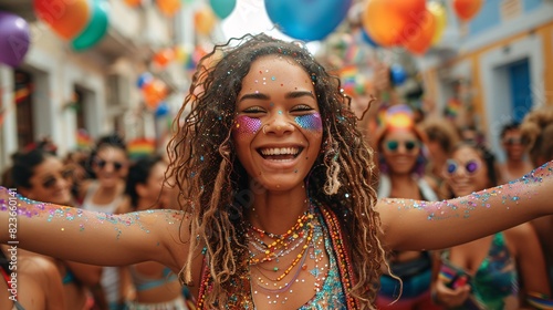 A dynamic wide-angle shot capturing a ladyboy leading a Pride Month parade, surrounded by a diverse group of people celebrating with joy and enthusiasm
