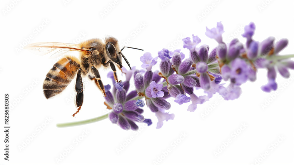 A flying honey bee on a purple lavender flower on a white background cutout. Macro side close-up view. macro. bee white flower. A flying honey bee on a purple lavender flower on a white background cutout. Macro side close-up view. macro. bee white flower.
