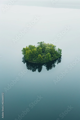 Aerial view of a lone island in the middle of a calm lake  surrounded by still water. Highlight the isolation and minimalist beauty of the scene  with the island as the focal point. 