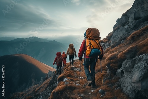 A group of mountaineers is seen hiking up a steep rock face, pushing themselves to conquer the challenging terrain on the mountain