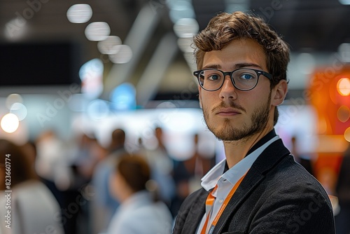 Viewing Exhibition Stands: A Young Entrepreneur Engaging in Networking. Generative Ai photo