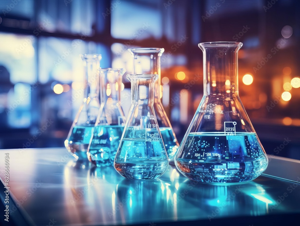 A close-up of laboratory glassware filled with blue liquid, with a background of a modern lab setting, highlighting research and science. A close-up of laboratory glassware filled with blue liquid, with a background of a modern lab setting, highlighting research and science.