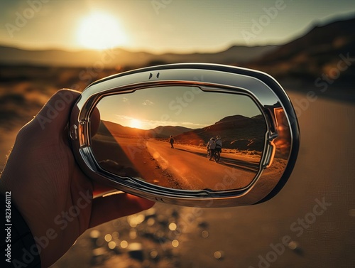 Close-up of a car mirror reflecting a scenic desert road with cyclists during a beautiful sunset.