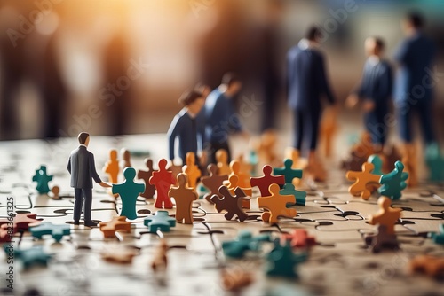 Colorful miniature figures in business suits on a puzzle board, symbolizing teamwork, strategy, and collaboration with a blurred background.