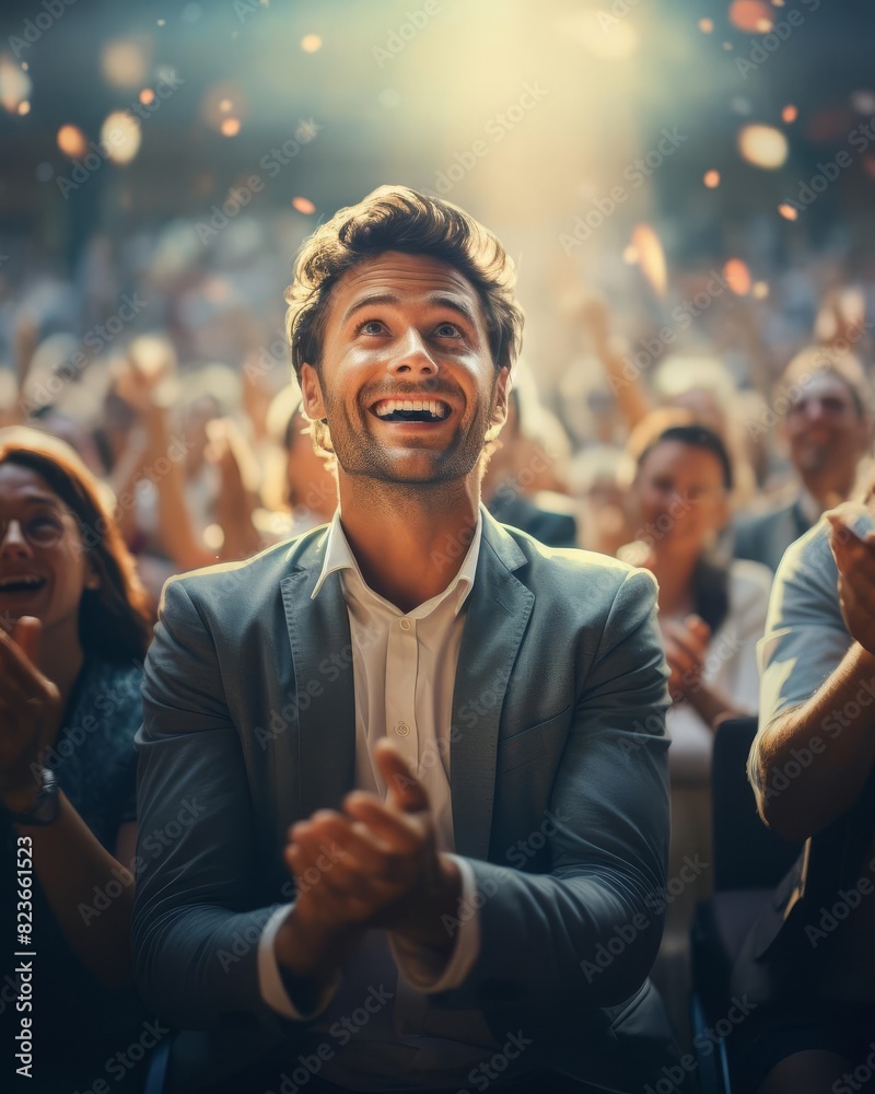 Joyful man applauding at a vibrant event with a cheering crowd in the background, capturing the essence of celebration and excitement. Joyful man applauding at a vibrant event with a cheering crowd in the background, capturing the essence of celebration and excitement.