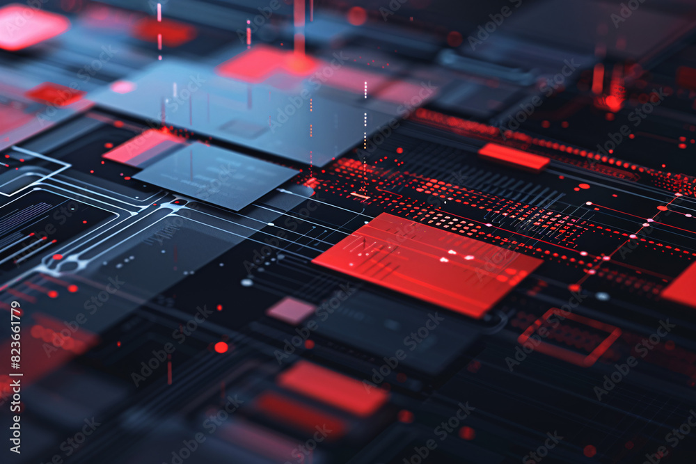 Close-up of a digital circuit with red and black elements representing technology and electronics Close-up of a digital circuit with red and black elements representing technology and electronics