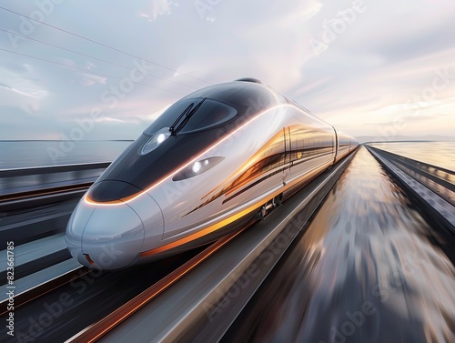 Modern high-speed train traveling on an elevated track over water, showcasing advanced transportation technology and sleek design.