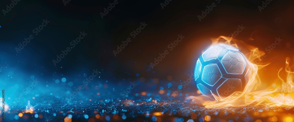 Fototapeta premium Glowing Football In An Abstract, Dark Environment In Motion With Copy Space, Football Background