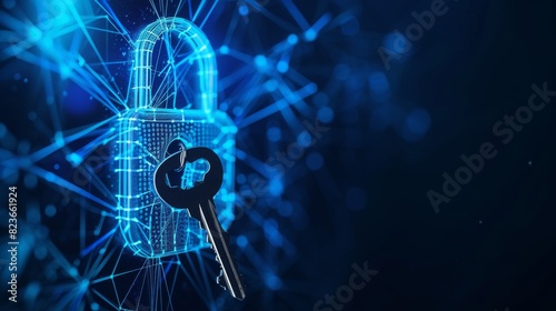 Digital representation of a padlock and keys in a cyber environment, highlighting concepts of cybersecurity and digital encryption. photo