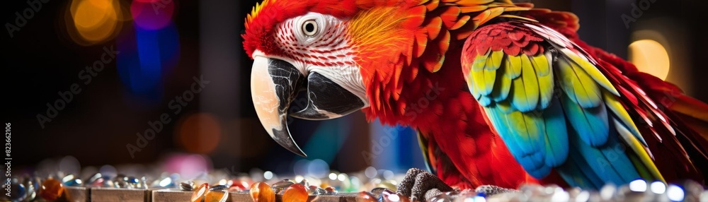 Fototapeta premium A parrot interacting with colorful beads during a jewelrymaking class, exploring color and sound, focus on, sensory theme, vibrant, Fusion, craft corner