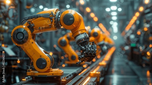 manufacturing automation, robotic arms on a conveyor belt in an advanced factory, showcasing automation and innovation in industrial manufacturing