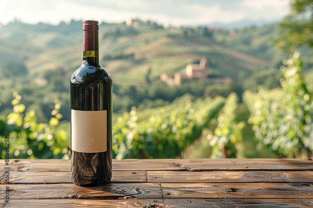 A bottle of red wine with a custom label, positioned on a wooden table with vineyard hills rolling in the background, ideal for advertising high-quality wine.