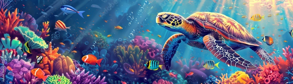Fototapeta premium Underwater scene with a sea turtle swimming over a colorful coral reef.