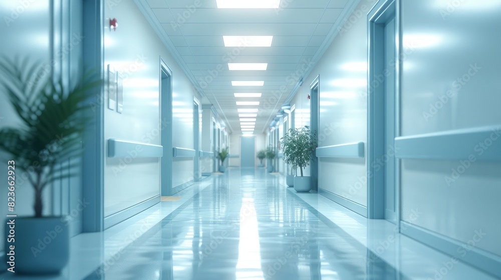 Fototapeta premium A pristine hospital corridor with bright, clean lighting and potted plants.