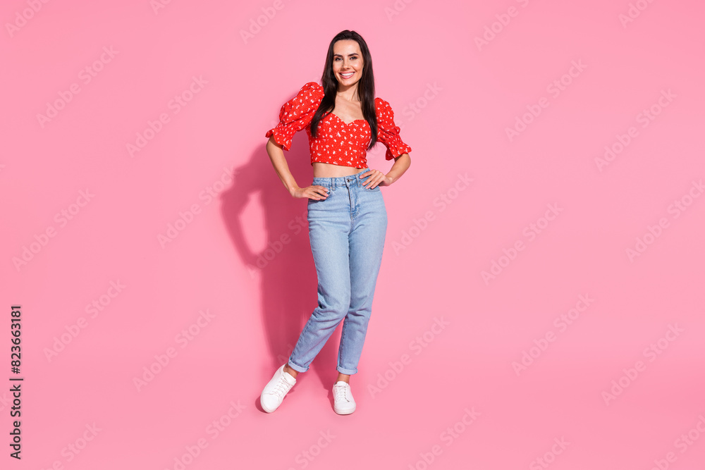 Full body portrait of nice young lady posing empty space wear top isolated on pink color background Full body portrait of nice young lady posing empty space wear top isolated on pink color background