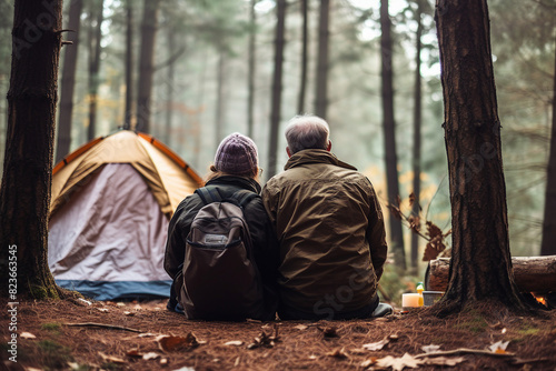 Middle aged couple enjoying harmony weekend in forest generative AI portrait