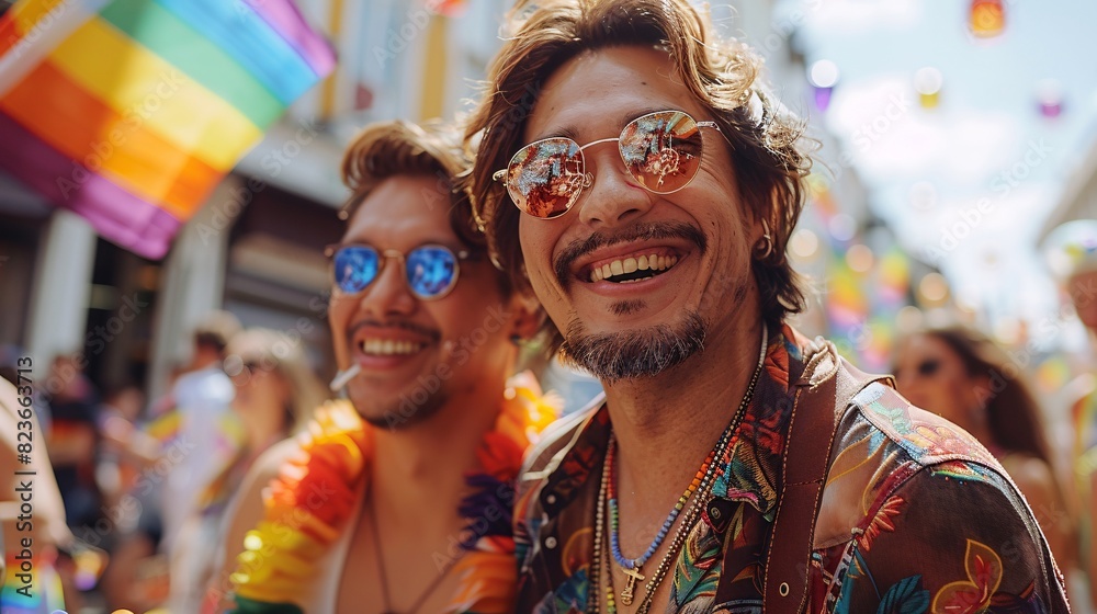 photograph of a Pride Month street party, featuring a ladyboy and a gay couple in the foreground, all beaming with happiness and pride photograph of a Pride Month street party, featuring a ladyboy and a gay couple in the foreground, all beaming with happiness and pride