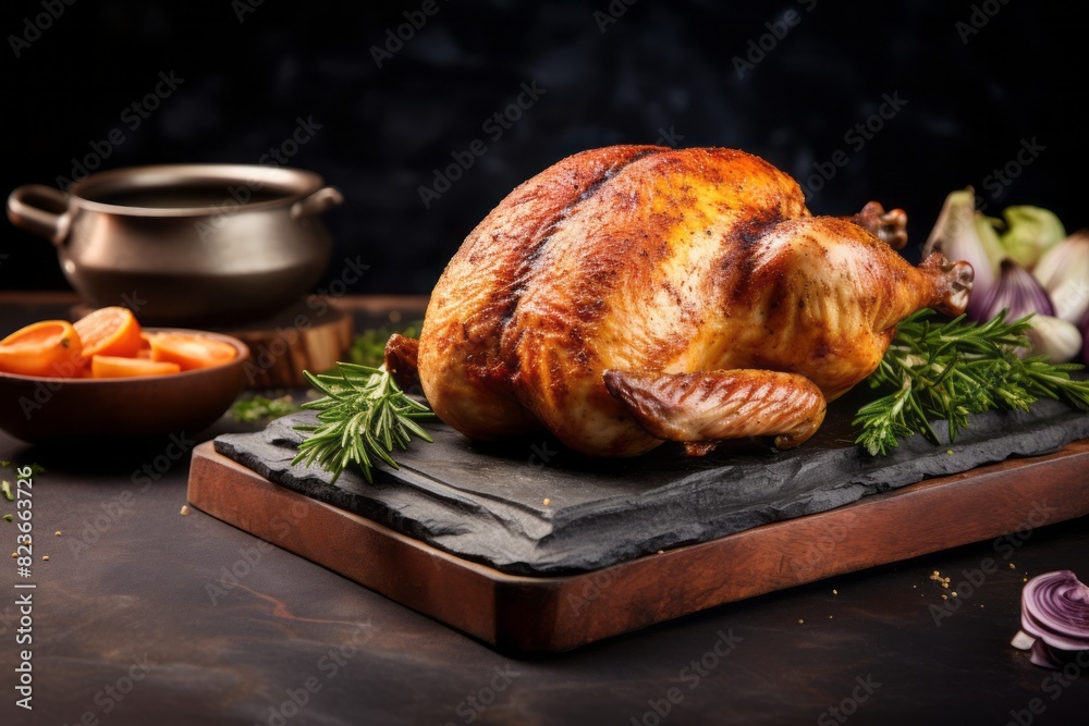 Tempting roast chicken on a slate plate against a rustic textured paper background Tempting roast chicken on a slate plate against a rustic textured paper background
