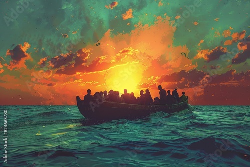 Migrant refugees traveling by boat as a result of climate change. Generative Ai photo