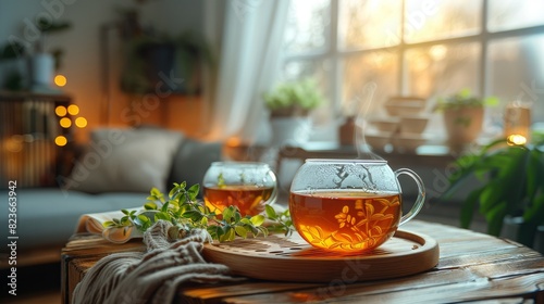 tea lovers retreat, a snug room with the comforting aroma of rooibos tea, tea cups arranged on a tray, creating a warm and inviting atmosphere for tea enthusiasts